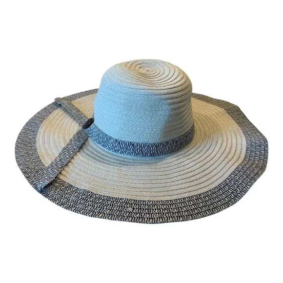 World Market Wide Brim Straw Hat with Blue‎ Trim and Bow With Button Style - Picture 13 of 15